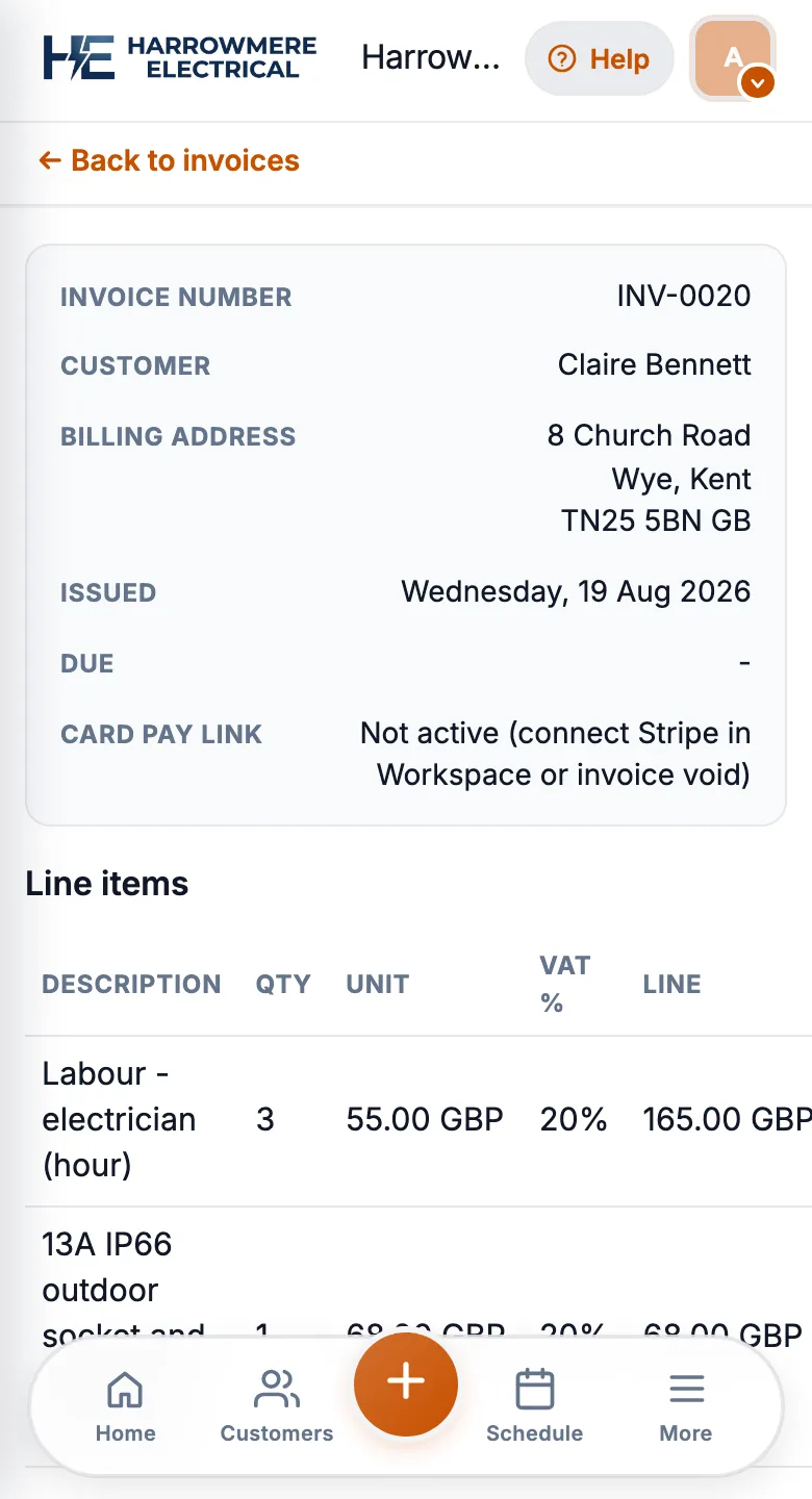 Invoice card pay link on a phone