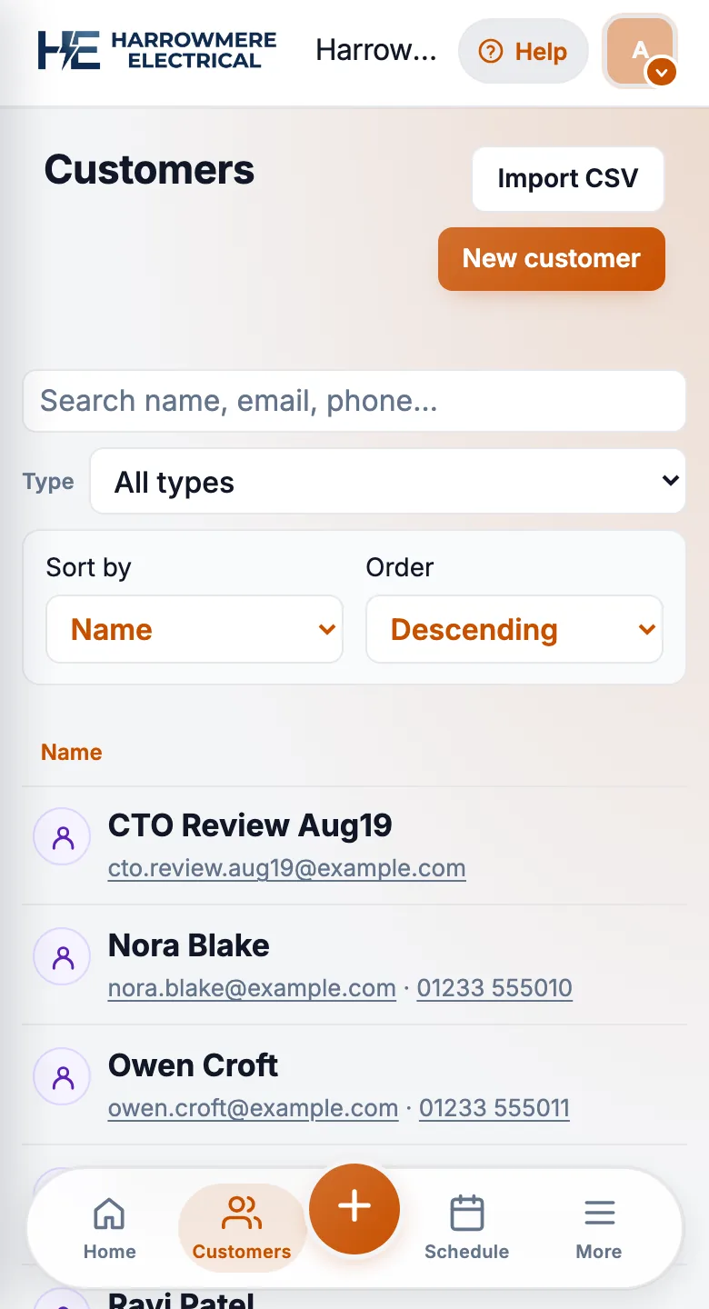 Customers list with New customer and the phone bottom menu