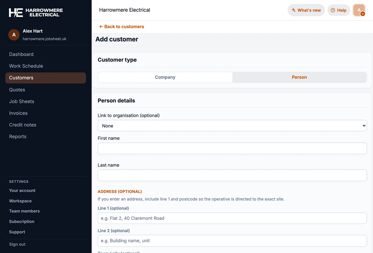 Add customer form with Person selected on a computer