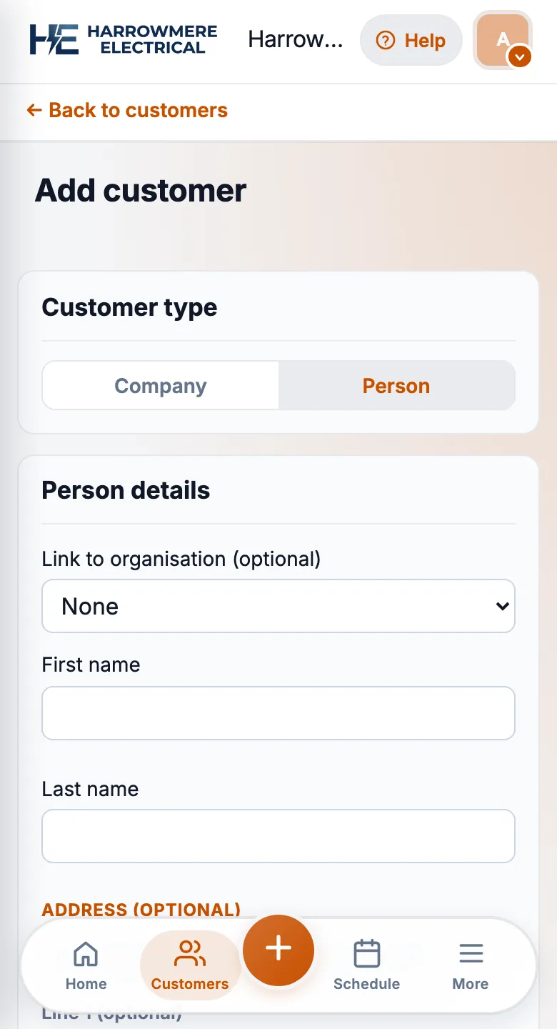 Add customer form with Person selected and the phone bottom menu