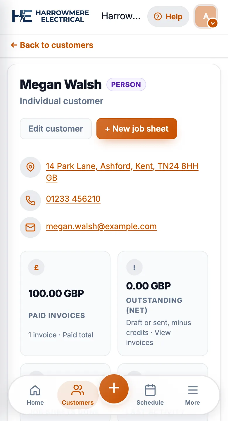 Customer profile for Megan Walsh with the phone bottom menu