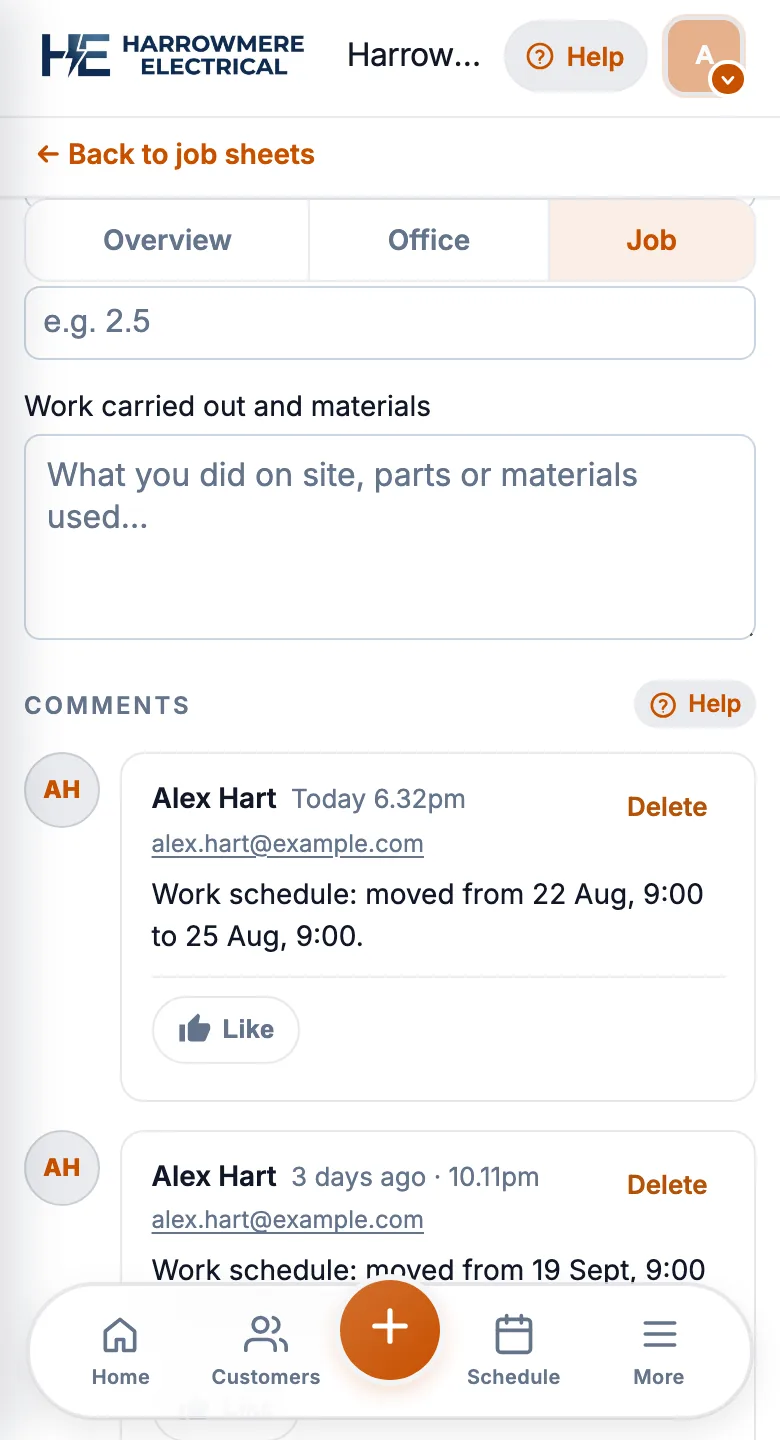 Comments on a job sheet on a phone