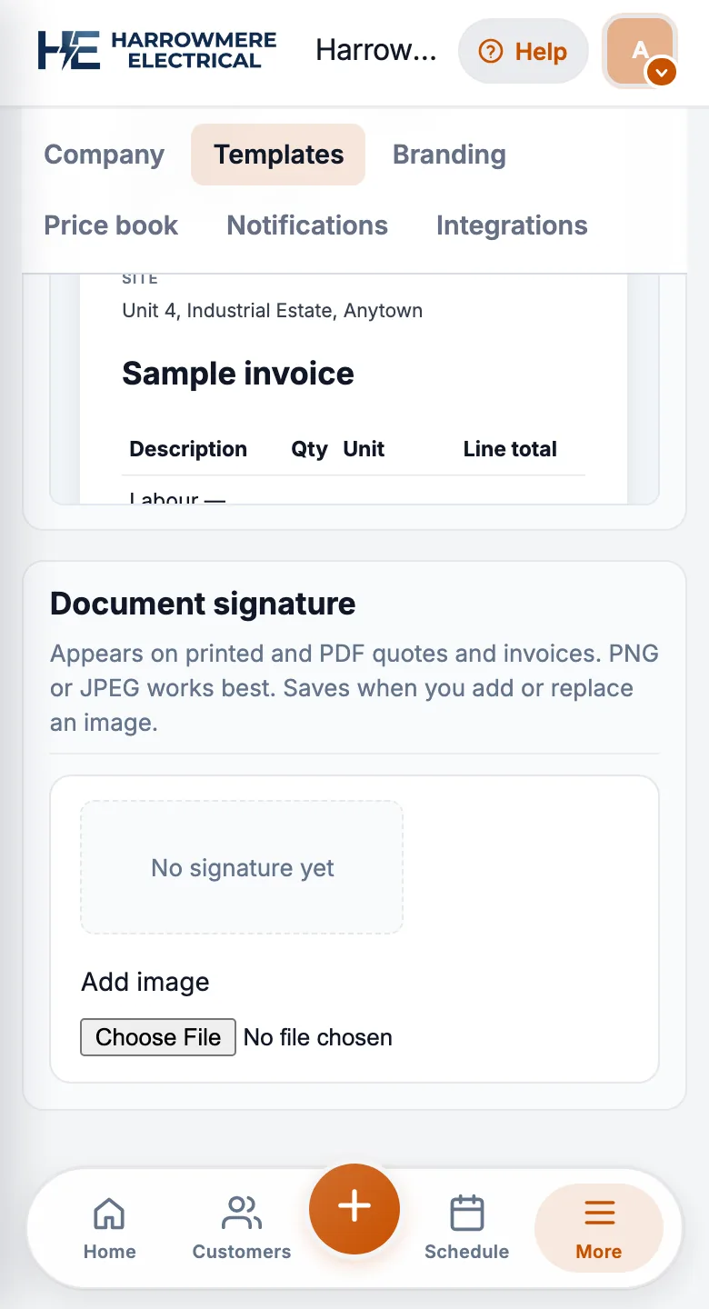Document signature under Workspace Templates on a phone