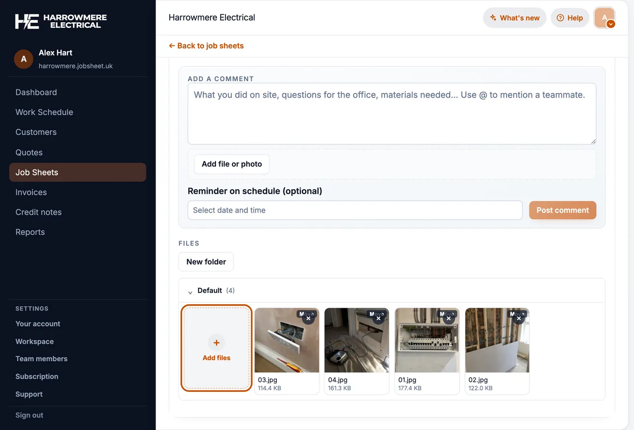 Job Files section with folders and Add files