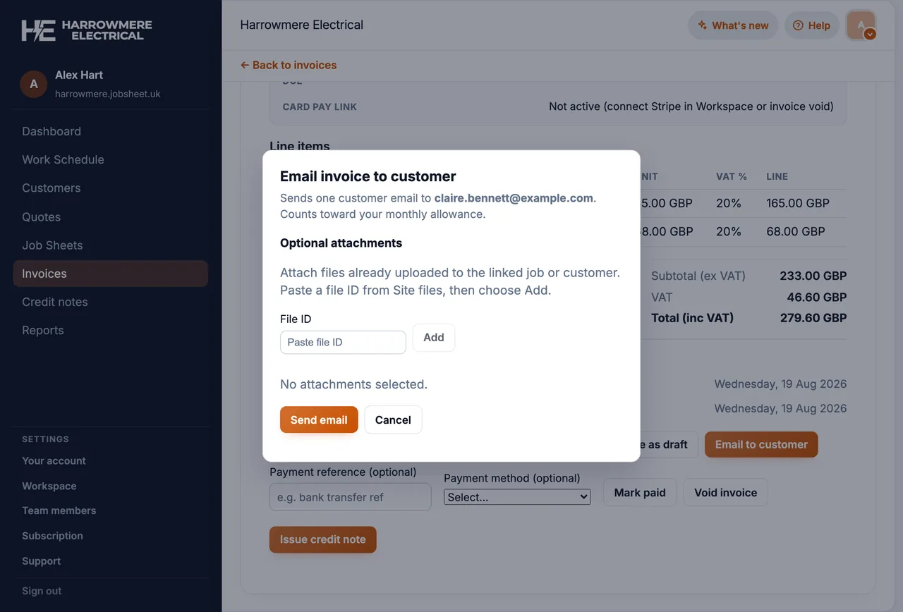 Invoice email dialog with optional attachments on a computer