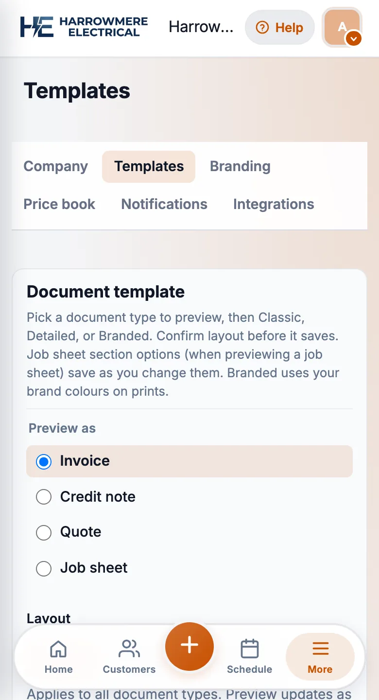 Workspace Templates document layout choices on a phone