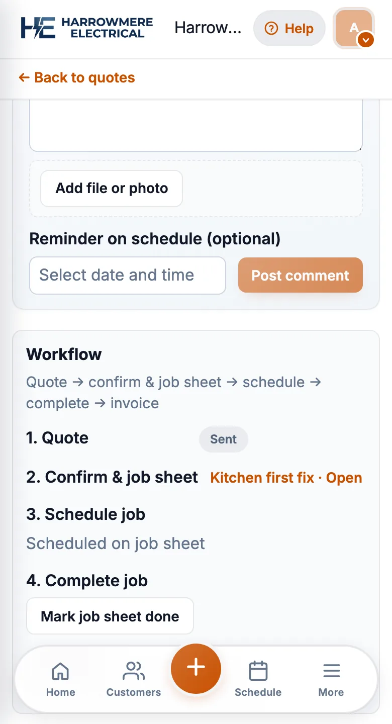 Quote workflow panel on a phone