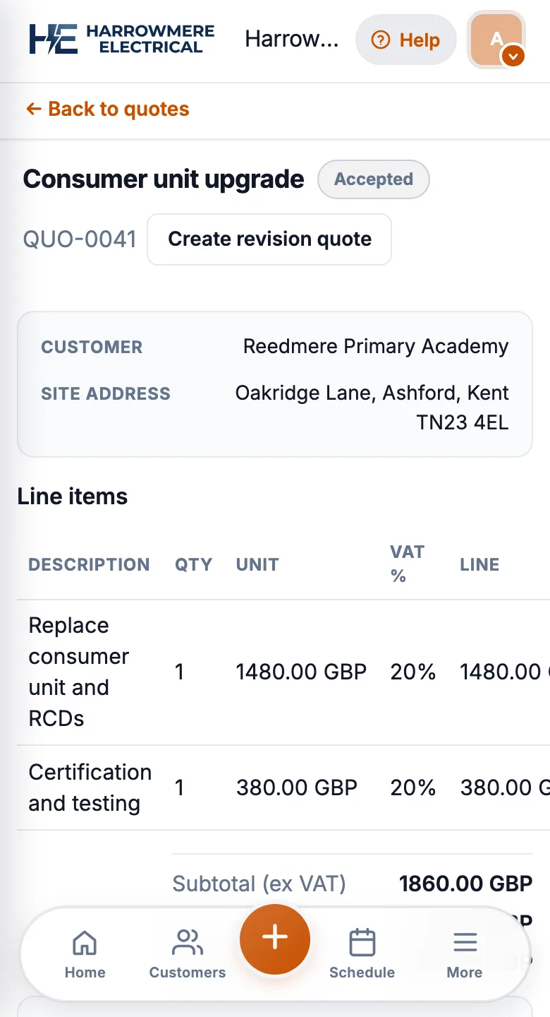 Confirm quote and create job sheet on a phone