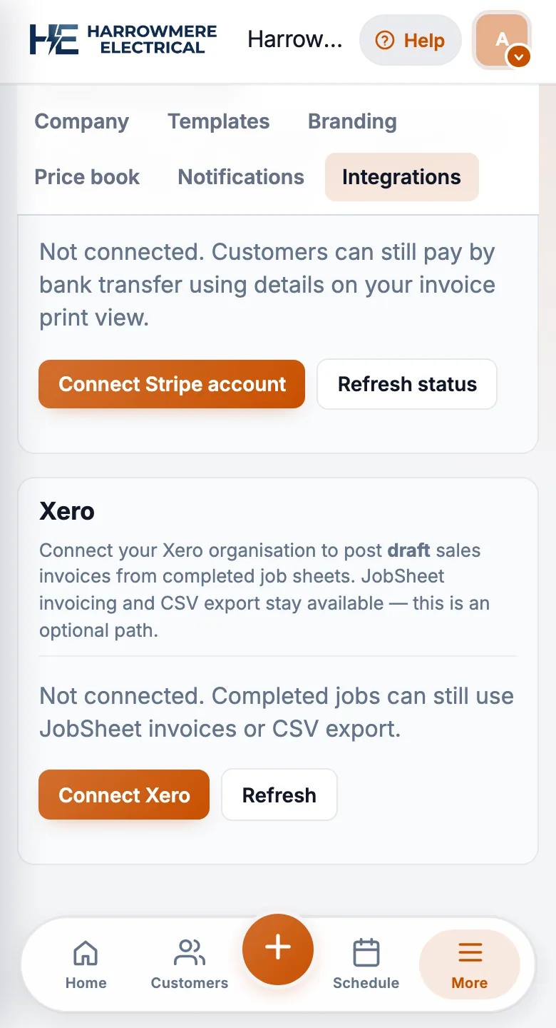 Workspace Xero panel on a phone