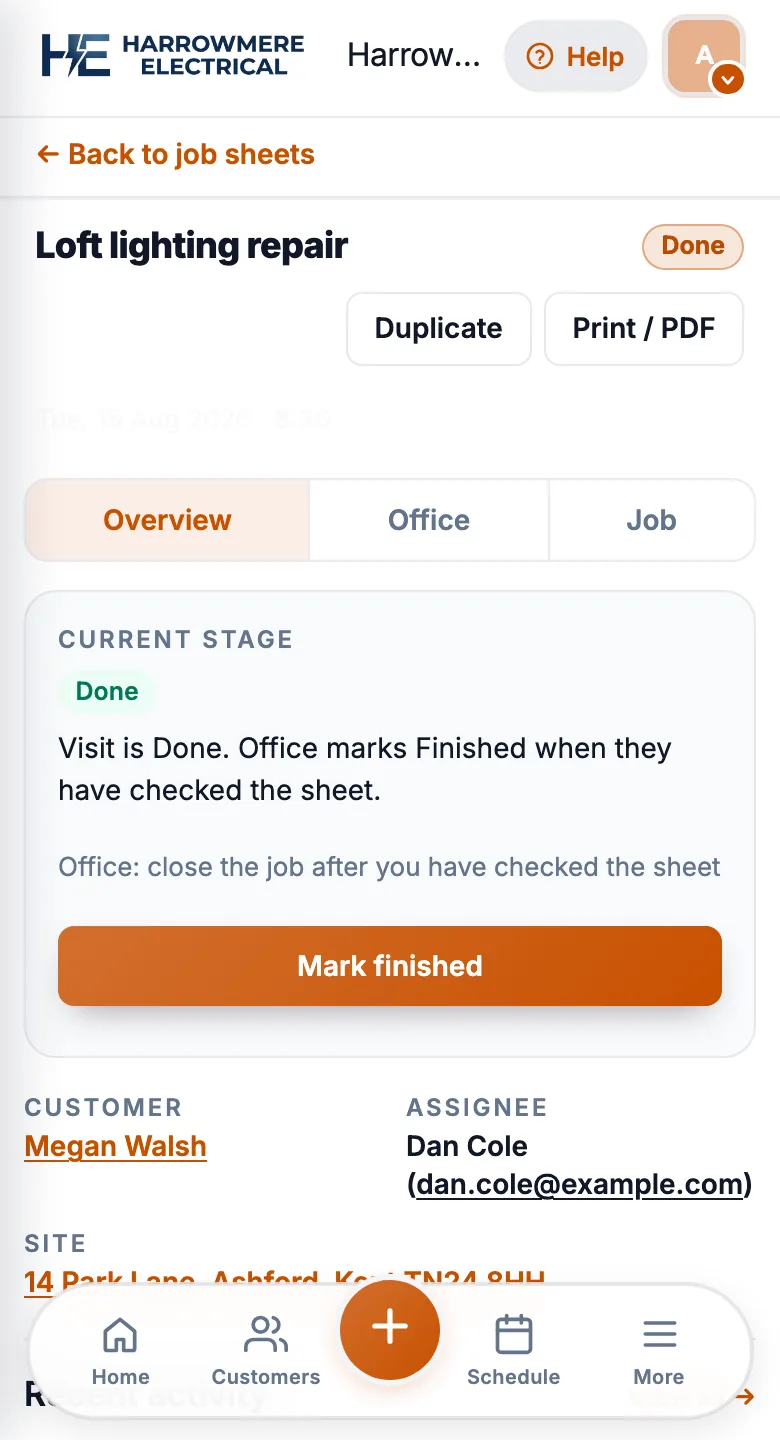 Post to Xero on a done job on a phone