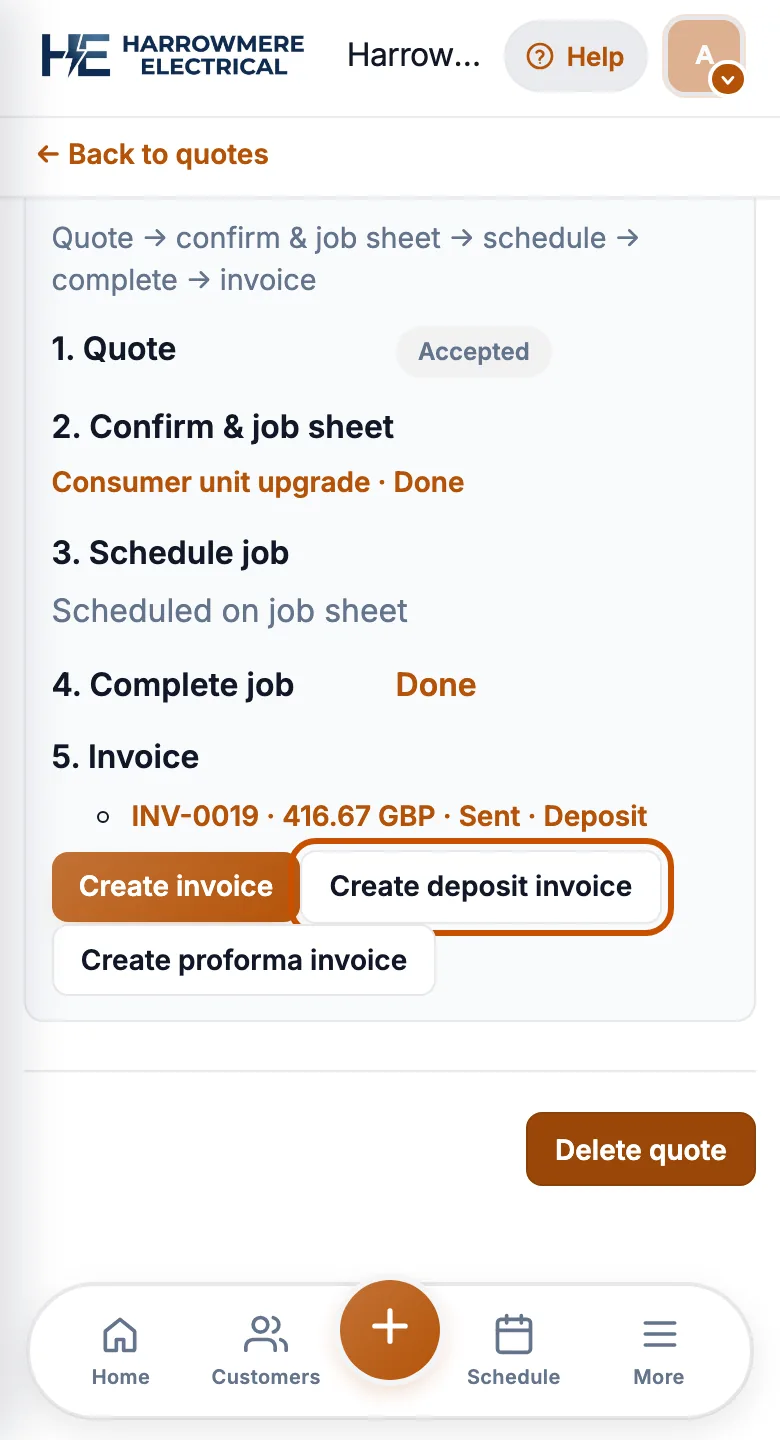 Create deposit invoice on a phone