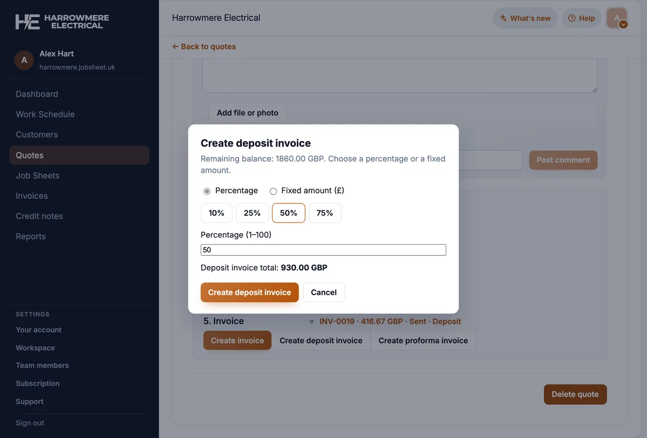 Deposit invoice percent dialog on a computer