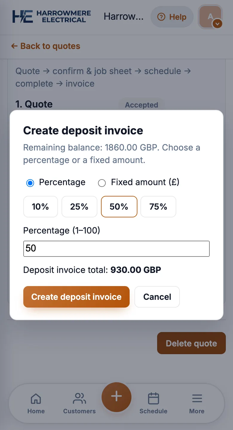 Deposit invoice percent dialog on a phone