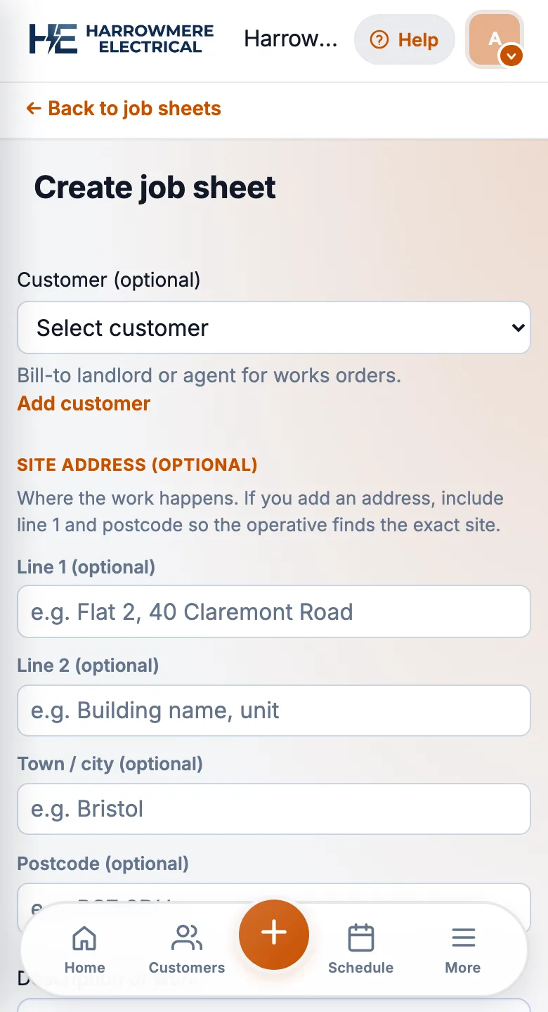 New job sheet form on a phone