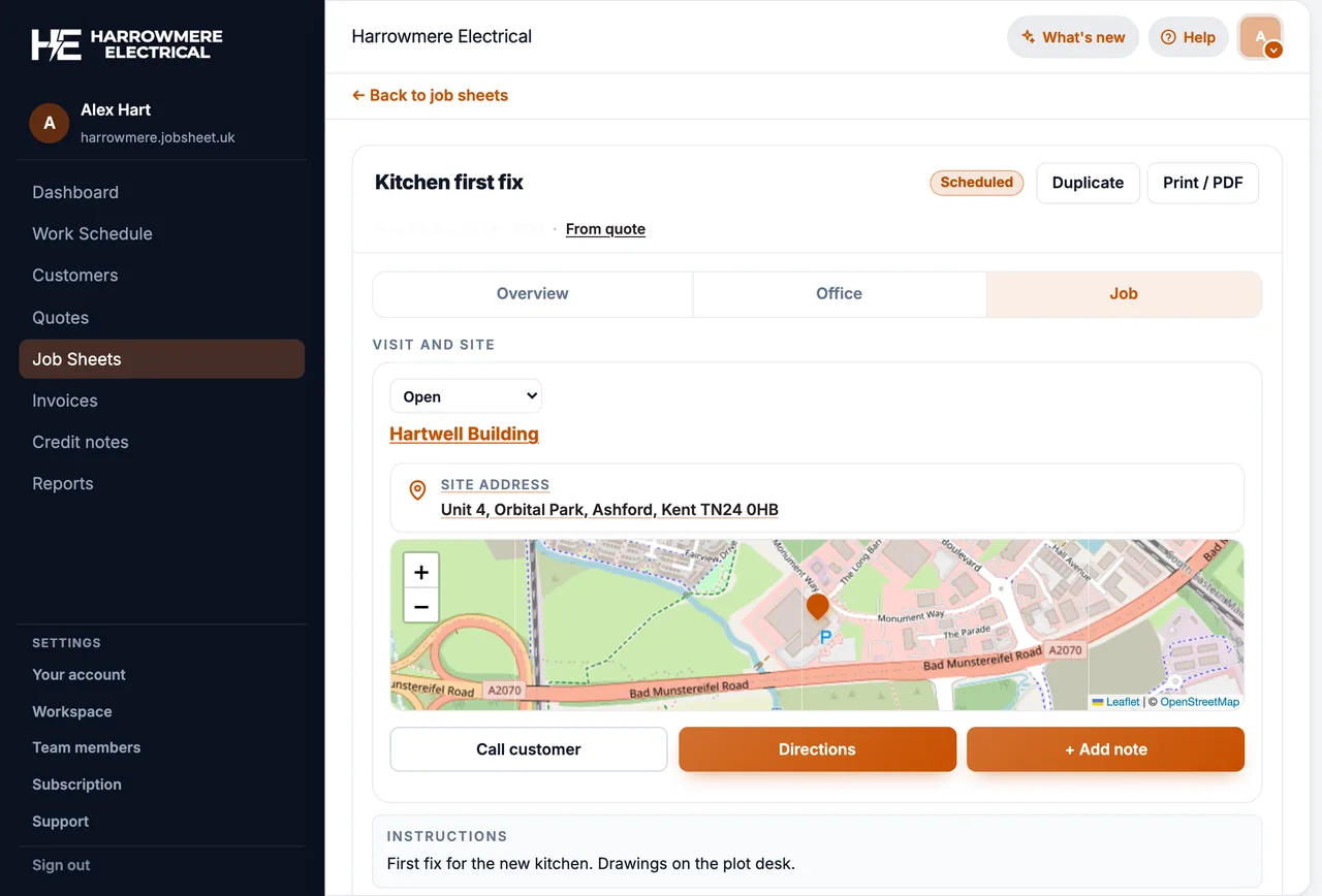 Job sheet for Kitchen first fix with Scheduled status, Job tab, and site map