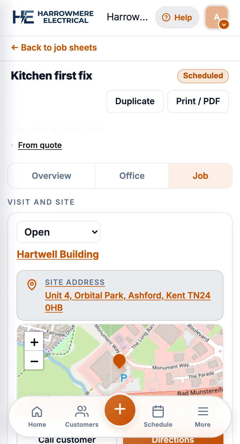 JobSheet job sheet on a phone, included in the workspace price