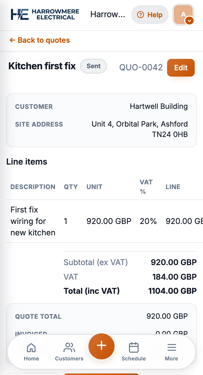 Quote with line items on a phone