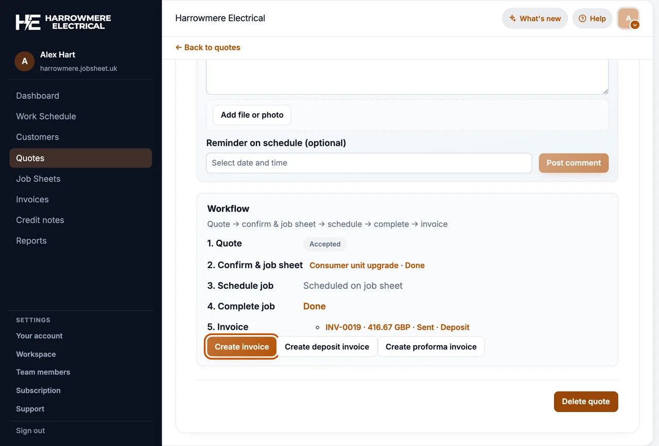 Create invoice on the quote workflow on a computer