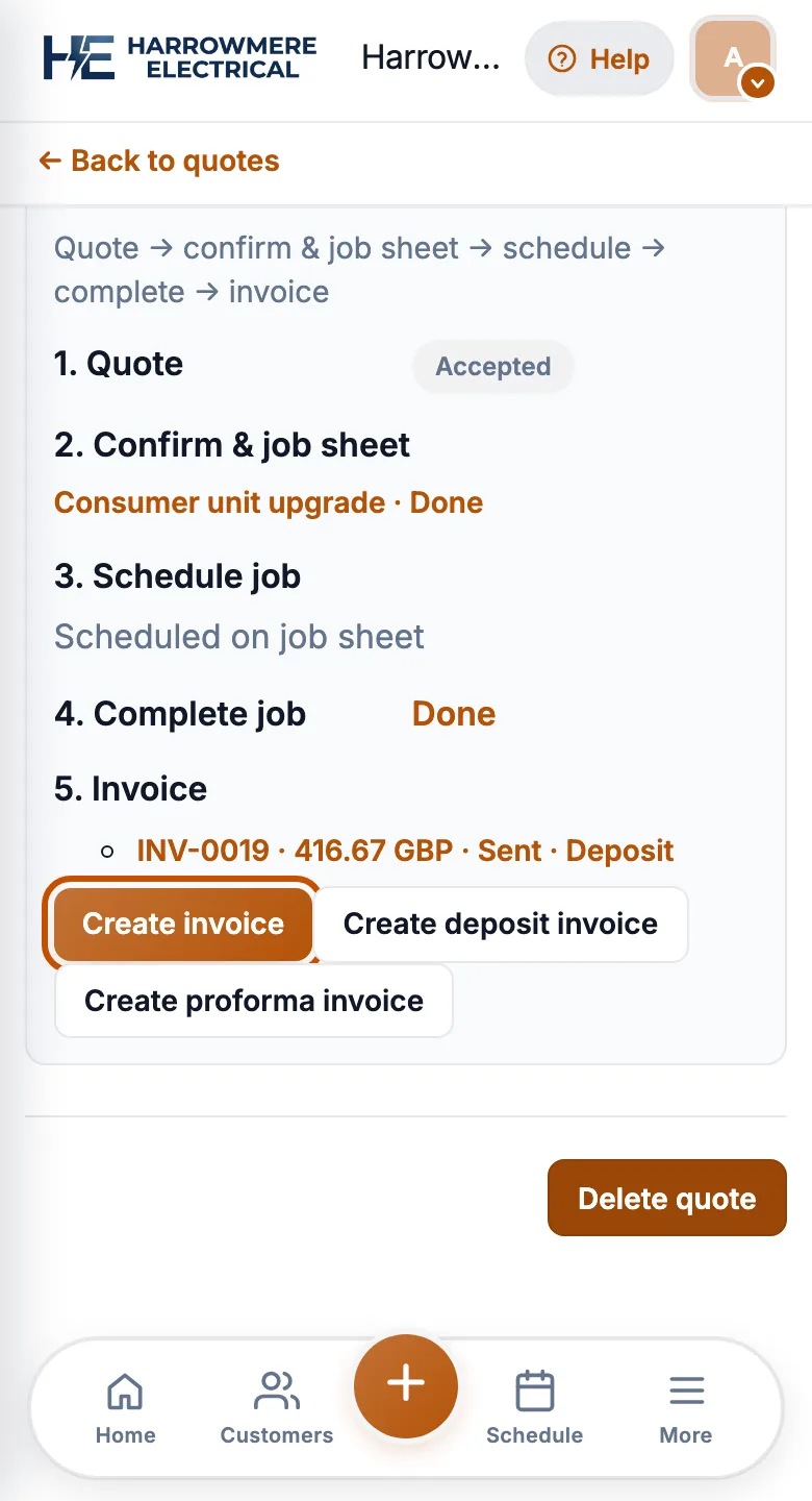 Create invoice on the quote workflow on a phone