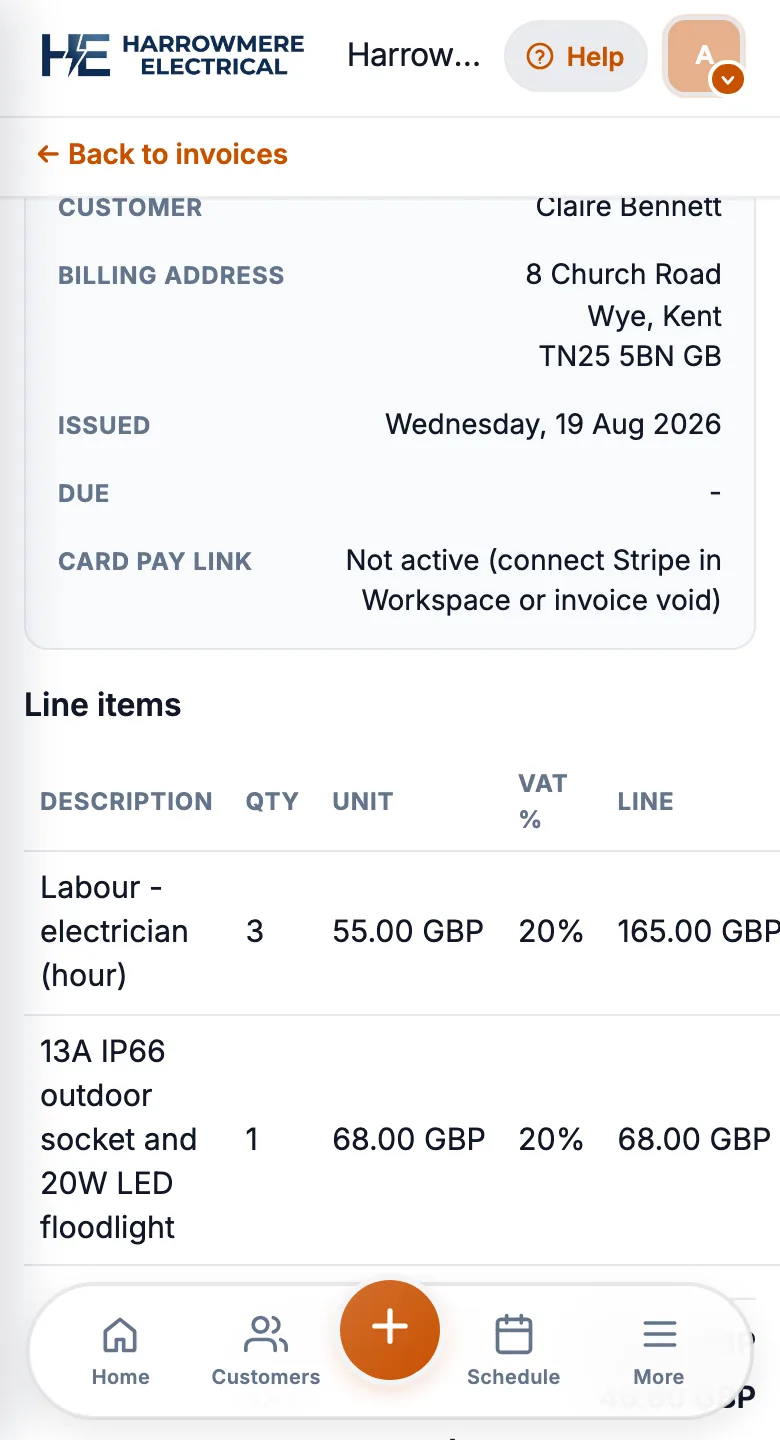 New invoice detail on a phone