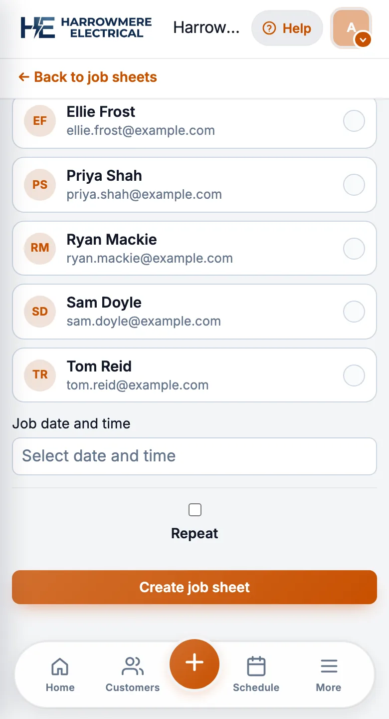 New job sheet with Repeat on a phone