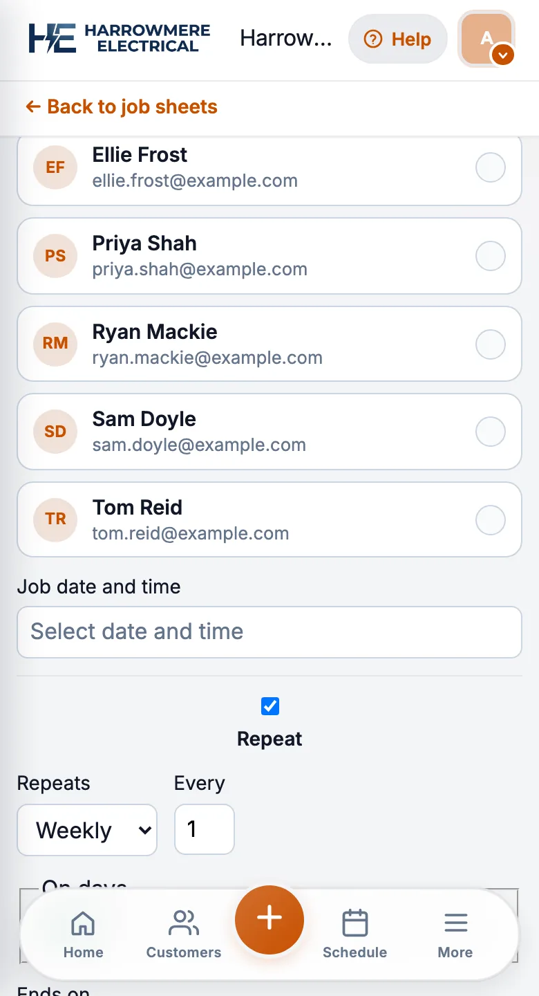 Recurrence fields on a new job on a phone