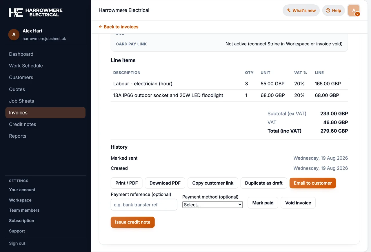 Invoice with Download PDF on a computer