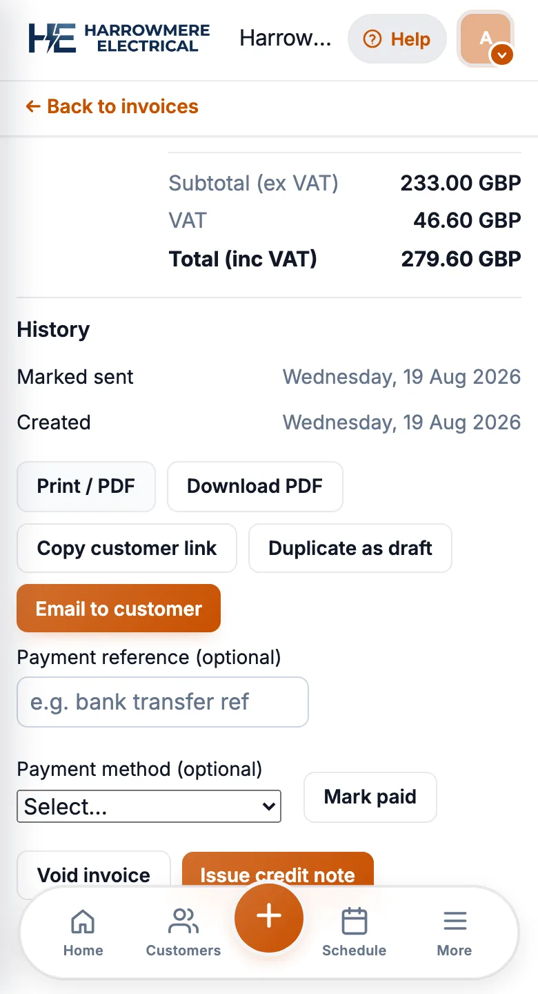 Invoice with Download PDF on a phone