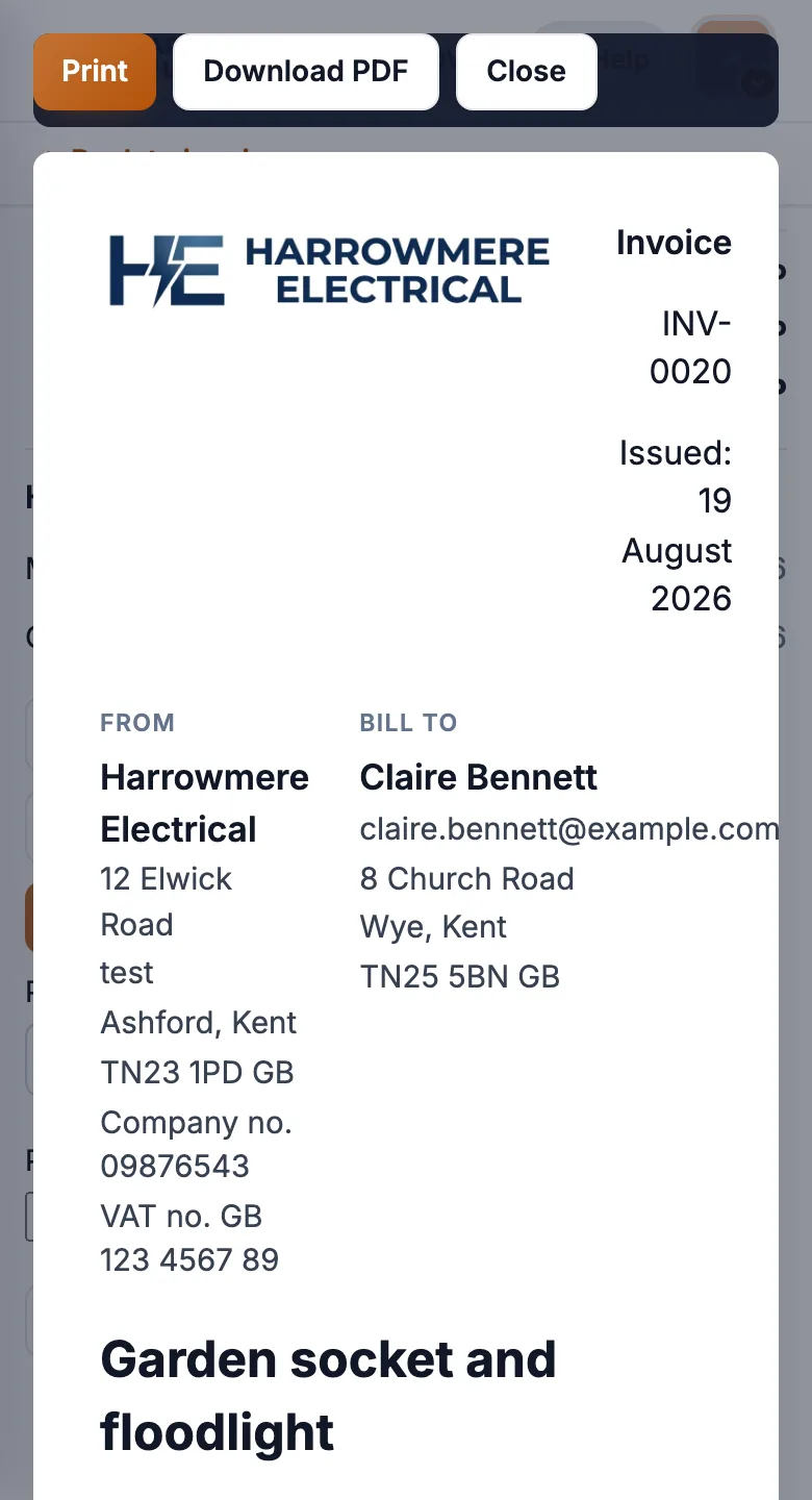 Invoice Print / PDF overlay on a phone