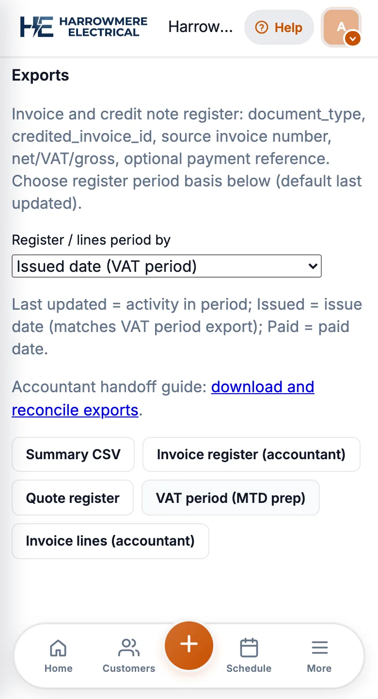 Reports Summary CSV export on a phone