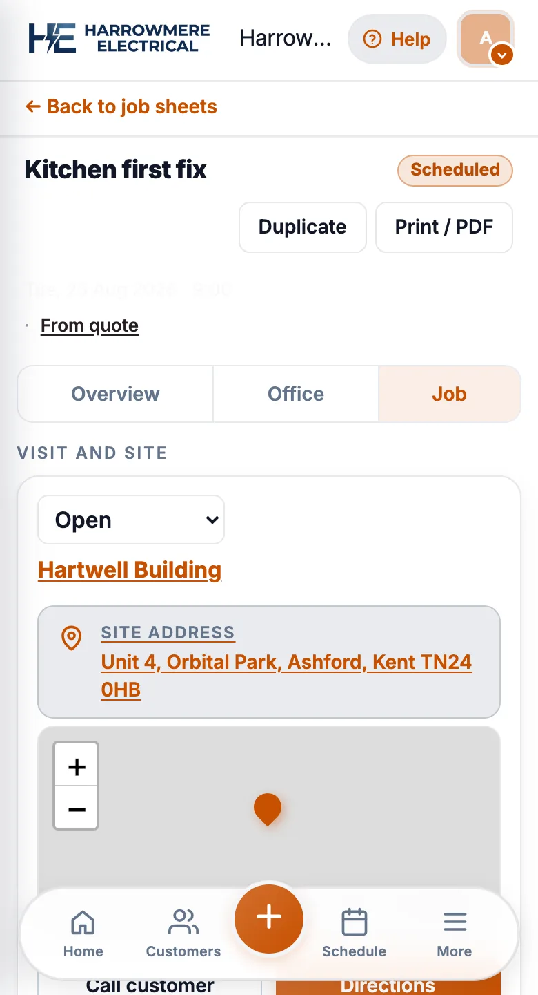 Job sheet header with Duplicate on a phone