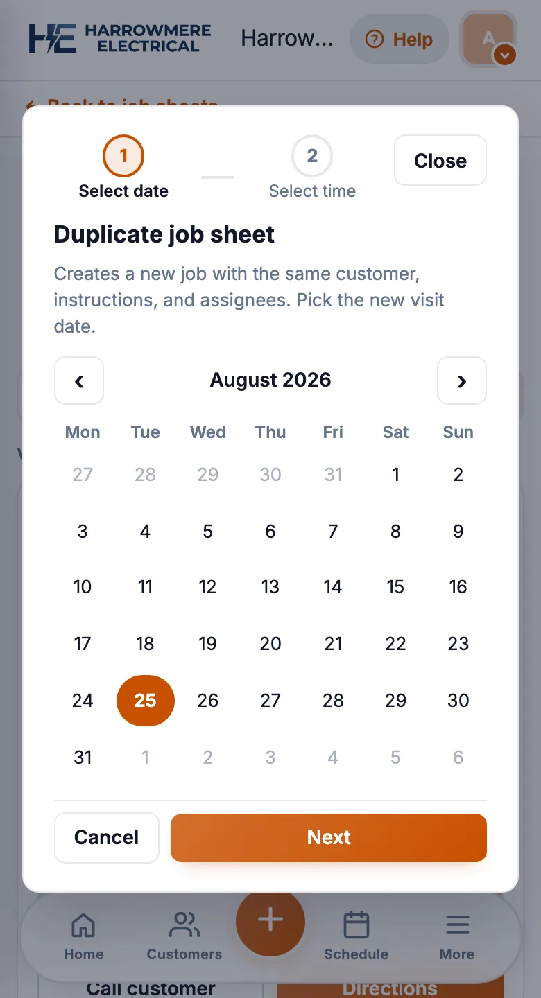 Duplicate job sheet dialog on a phone
