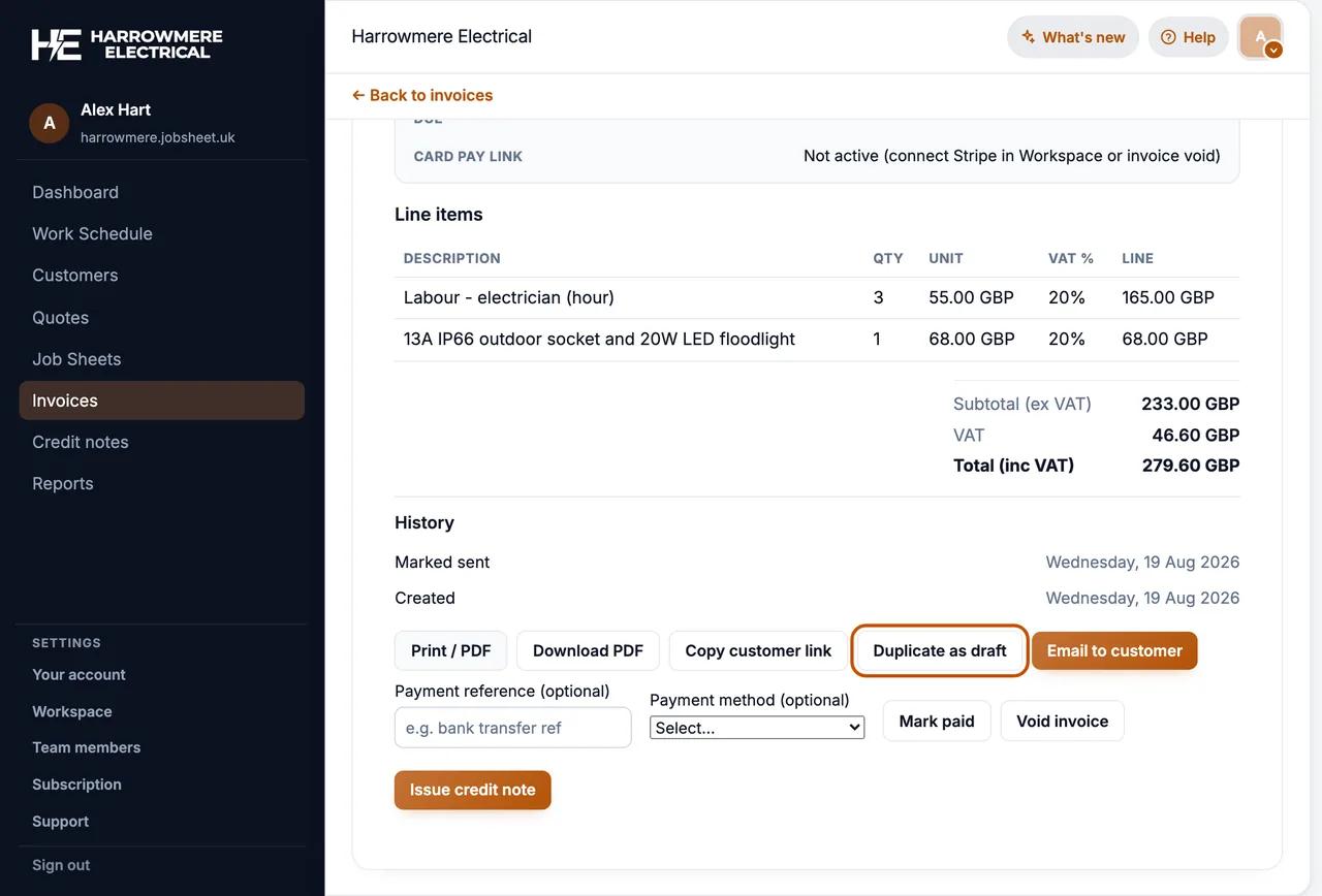 Invoice with Duplicate as draft on a computer