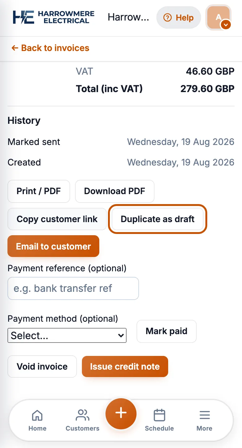 Invoice with Duplicate as draft on a phone