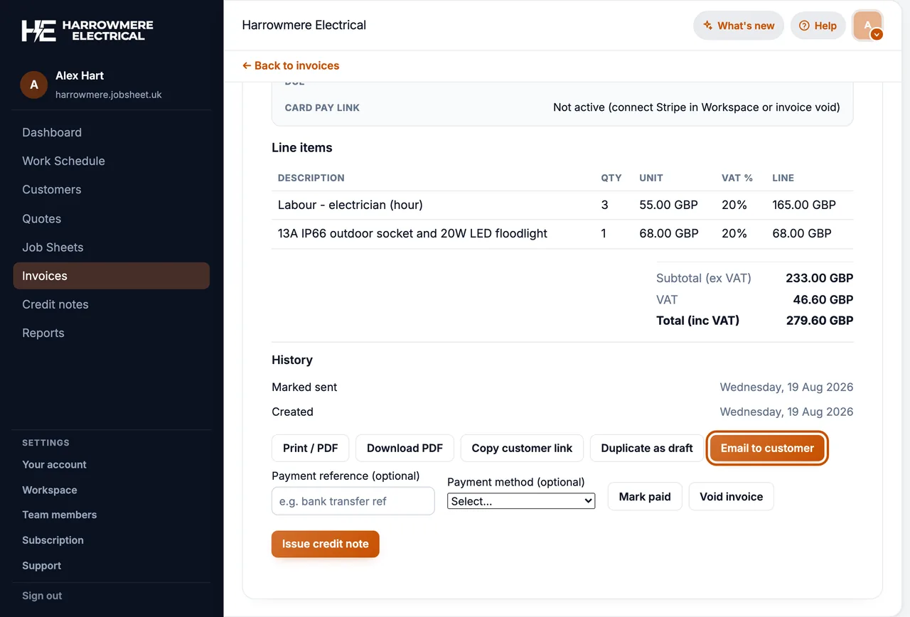 Invoice with Email to customer on a computer