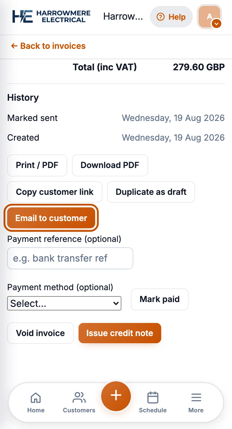Invoice with Email to customer on a phone