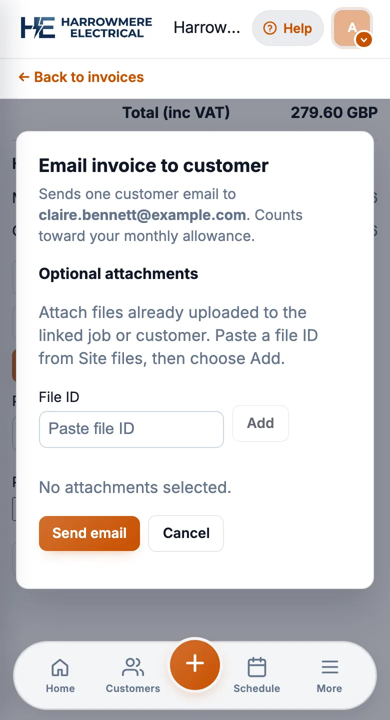 Send invoice email dialog on a phone