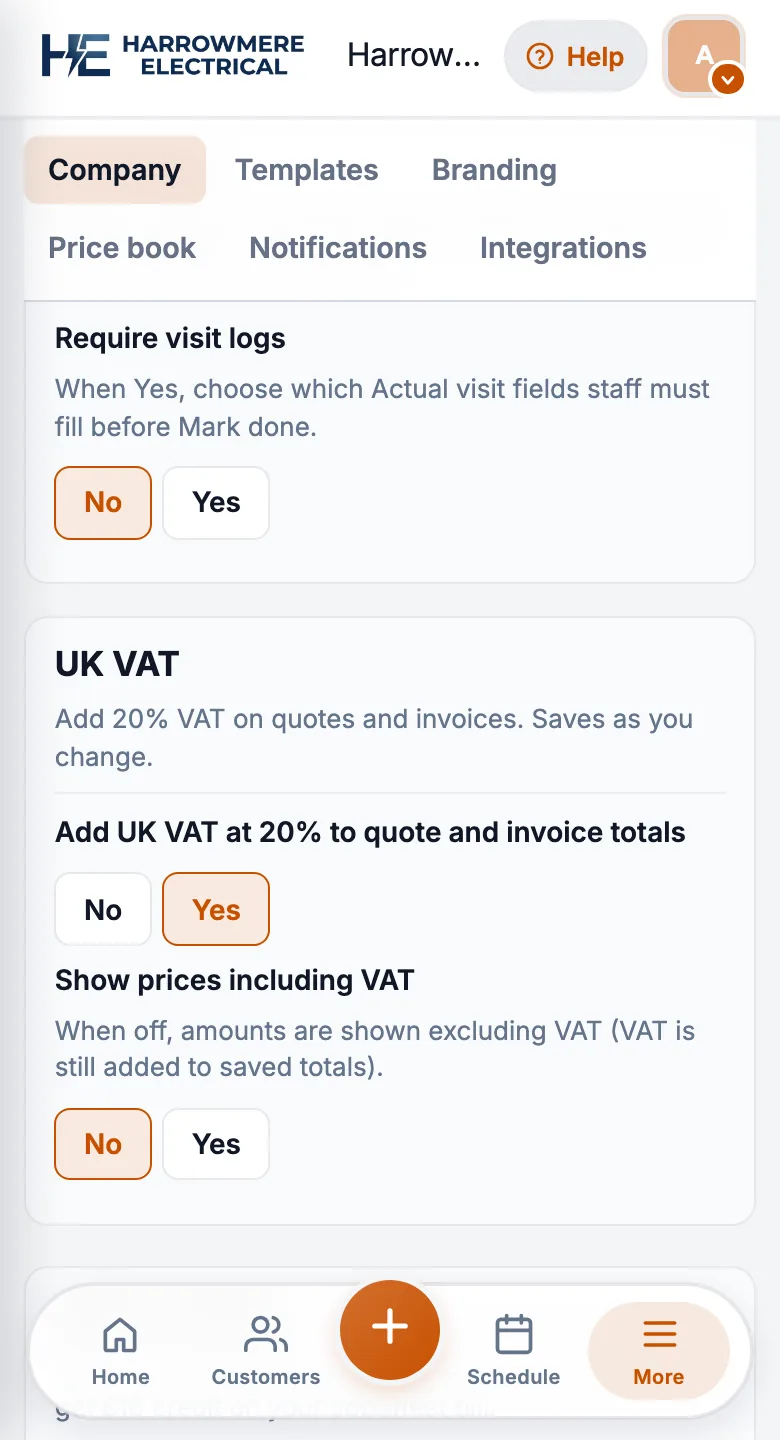 Workspace Company section with UK VAT settings on a phone