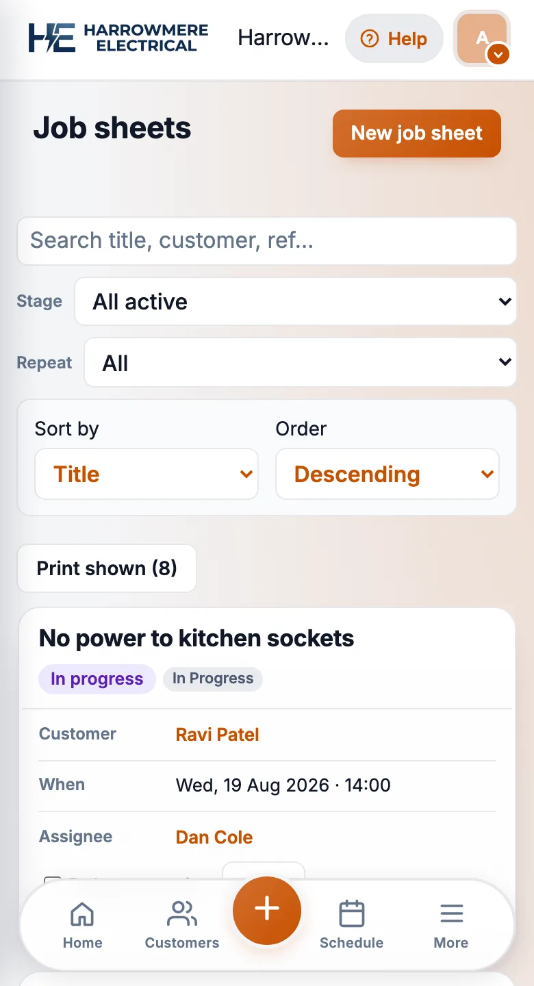 Job Sheets list with Stage filter on a phone