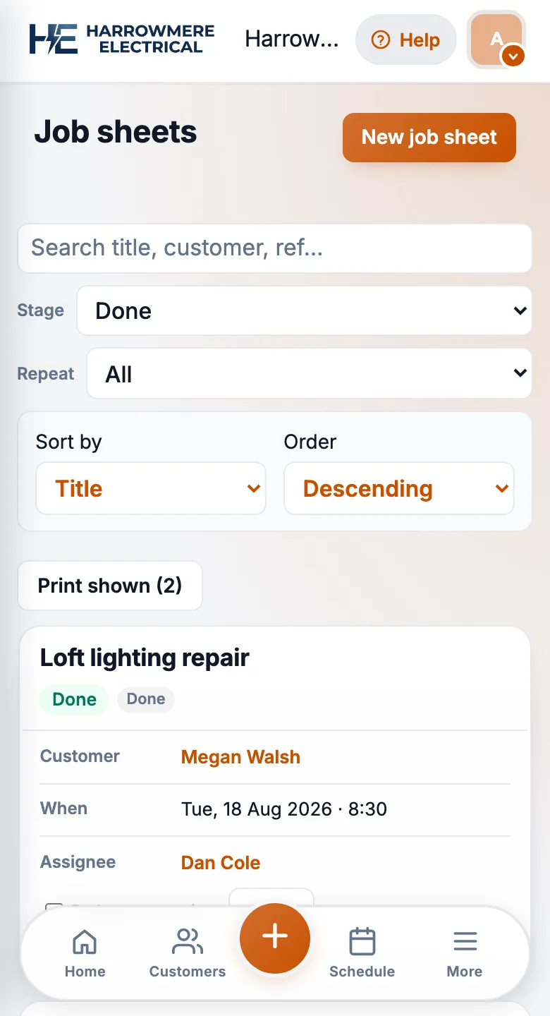 Job Sheets list filtered by stage on a phone