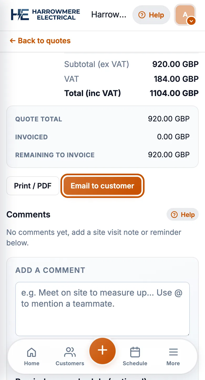 Quote Email to customer on a phone
