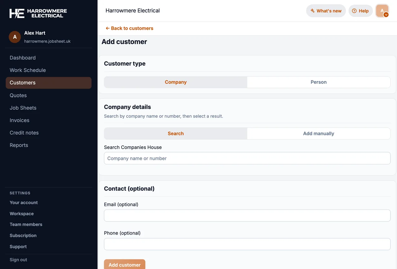 Add customer form with Company and Search selected on a computer