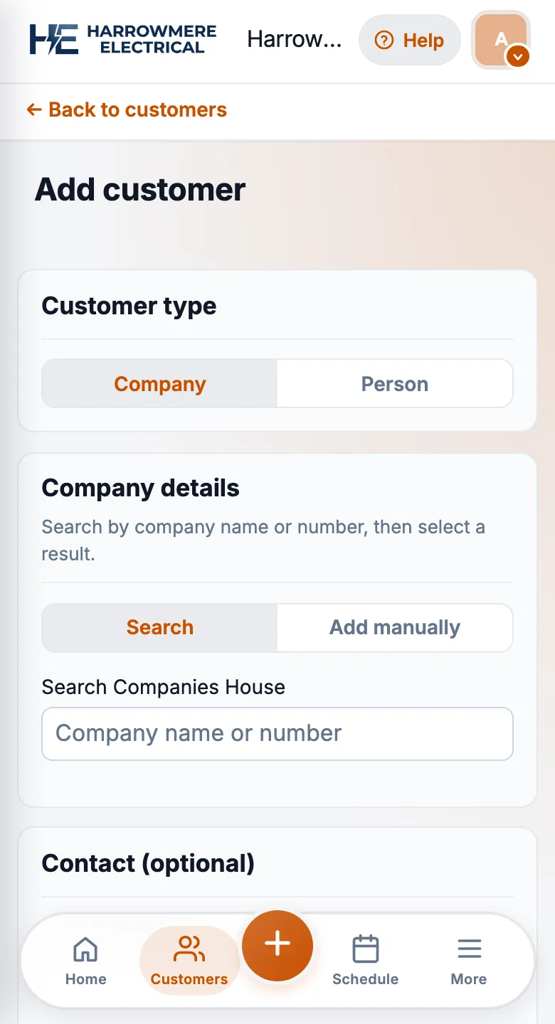 Add customer form with Company and Search selected on a phone