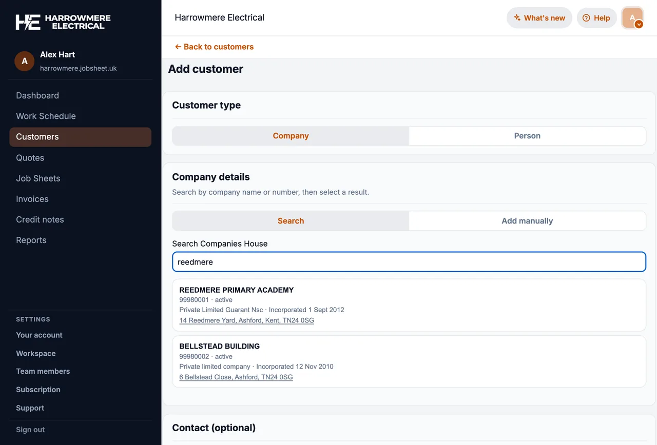 Companies House search results when adding a UK company