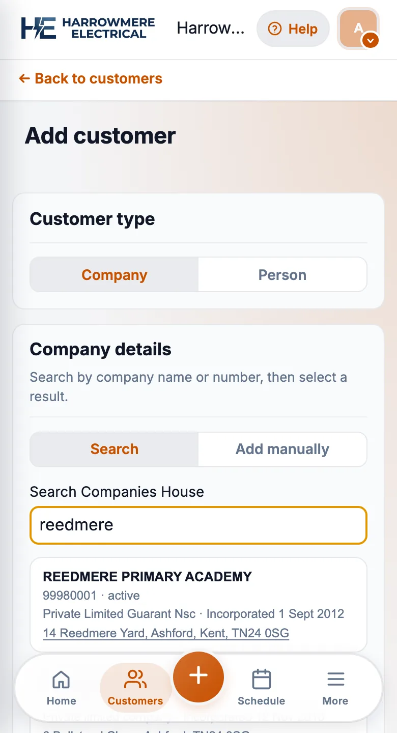Companies House search results when adding a UK company on a phone
