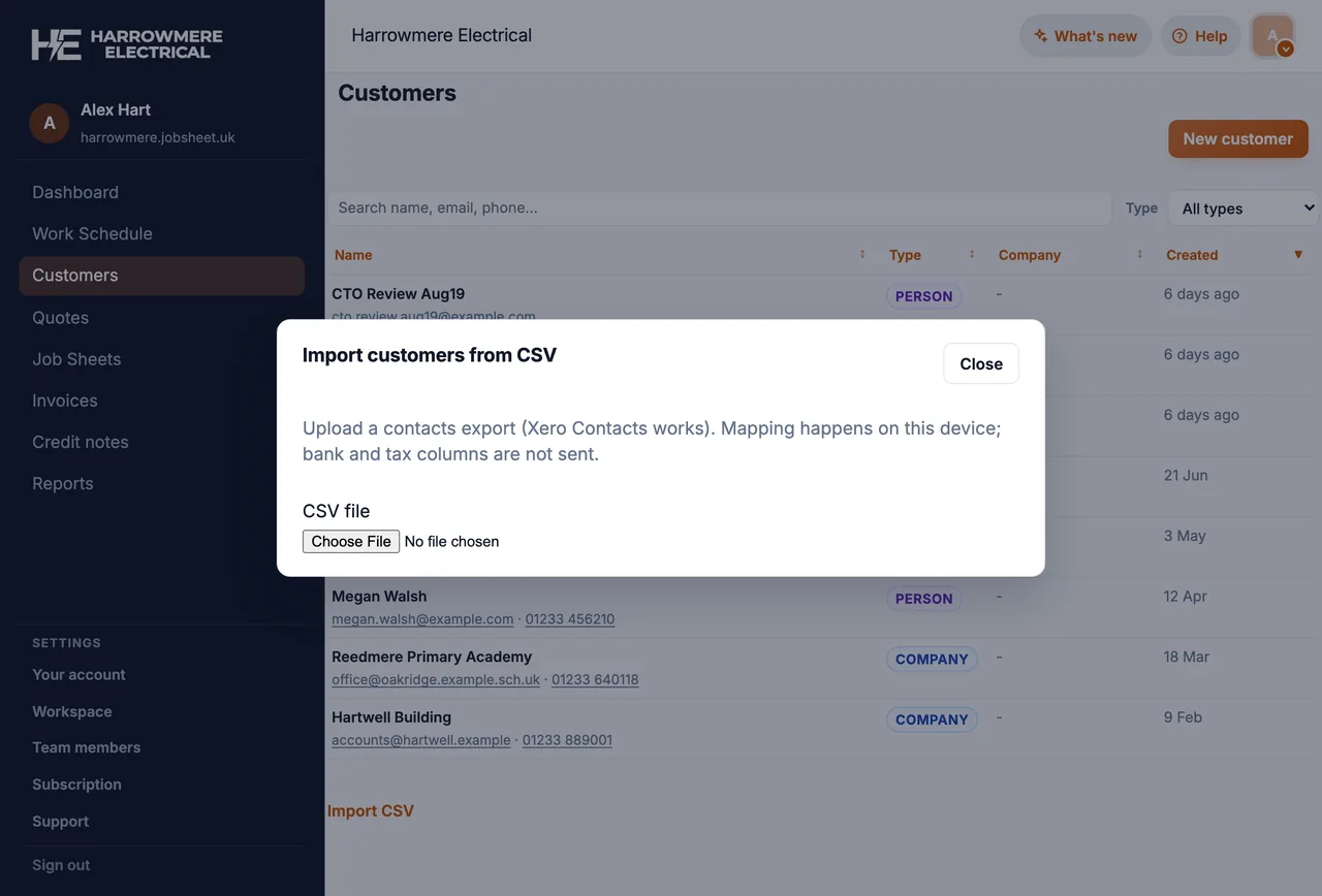 Import customers from CSV dialog with Choose File on a computer
