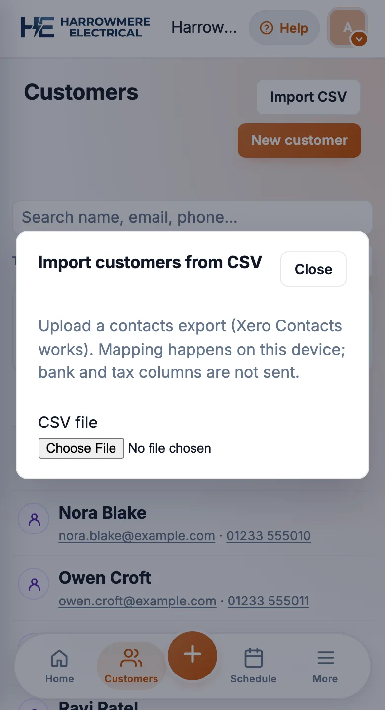 Import customers from CSV dialog on a phone