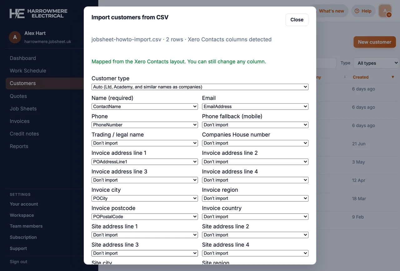 CSV column mapping with Xero Contacts detected on a computer