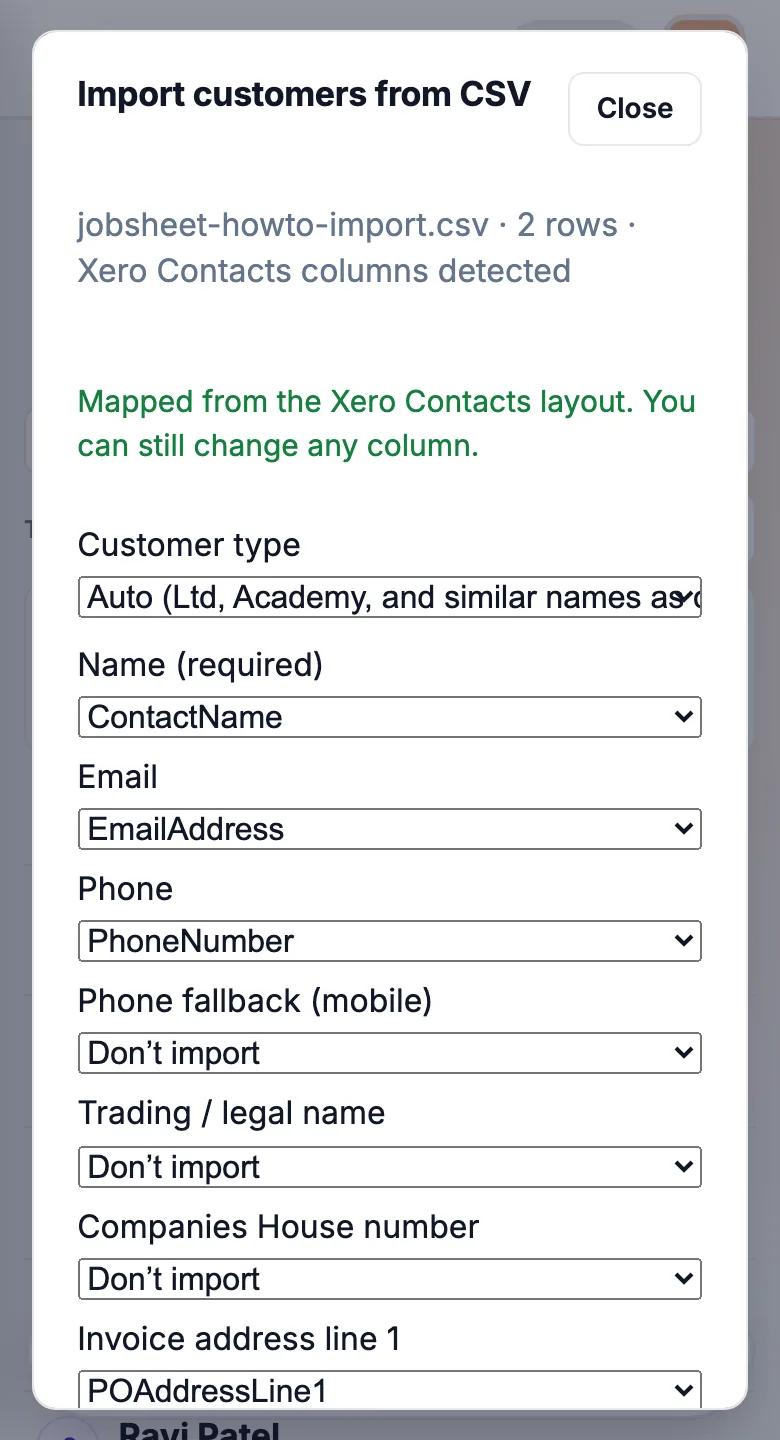 CSV column mapping with Xero Contacts detected on a phone