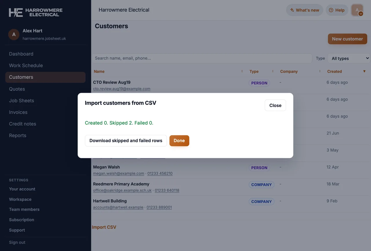 CSV import finished with Created and Skipped counts on a computer